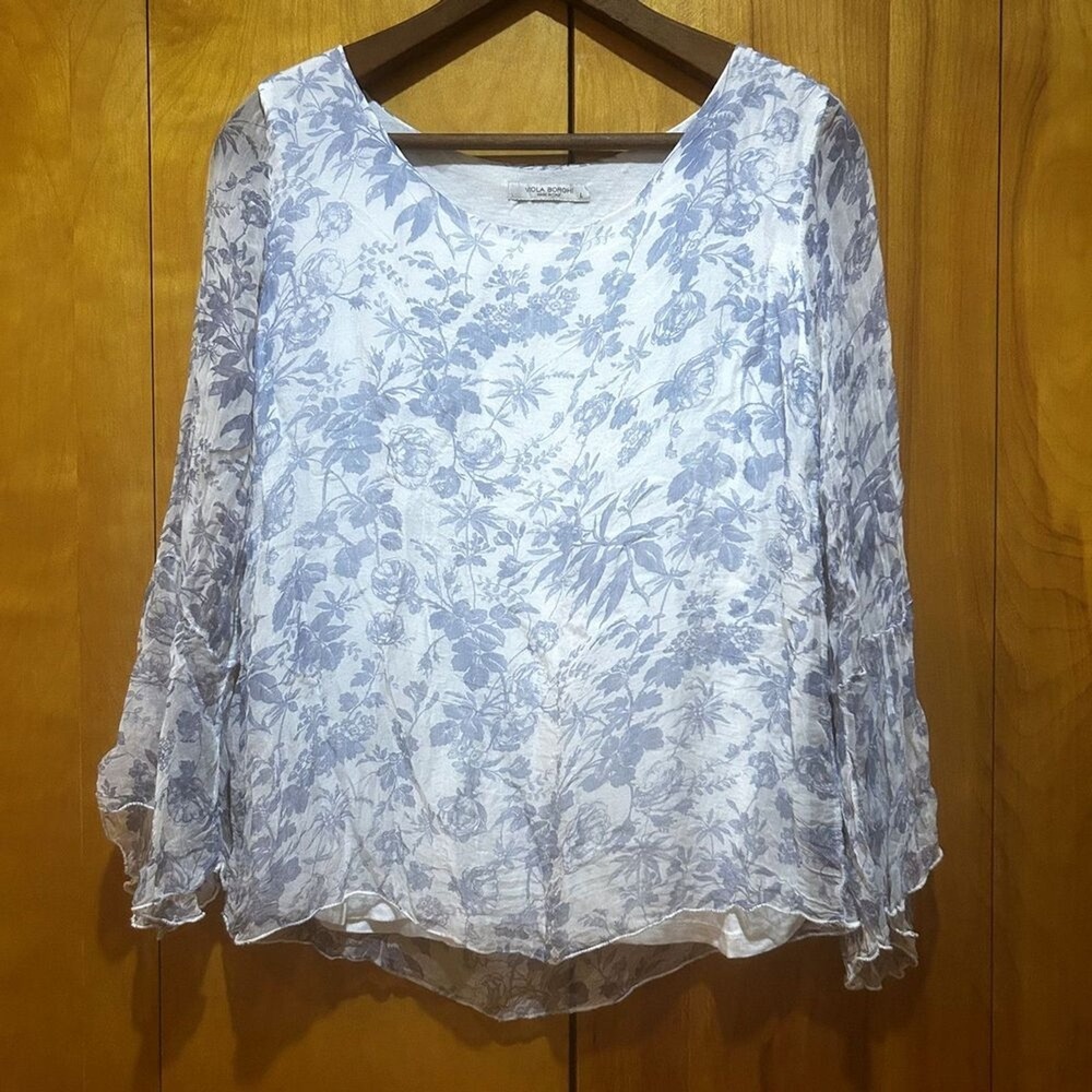 Viola Borghi Blue & White Silk Blouse Sz L Flared Flutter‎ Sleeve-Fairy-Ethereal